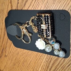 Elegant Black & Gold Purse Charm/Keychain with Pearl Accents